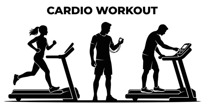 People exercising on treadmills during a cardio workout in silhouette against a white background