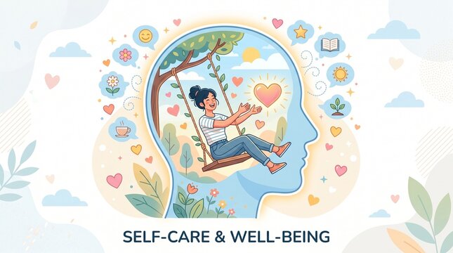Illustration of a happy woman swinging inside a stylized human head representing self care mental health and well being concepts with surrounding positive icons