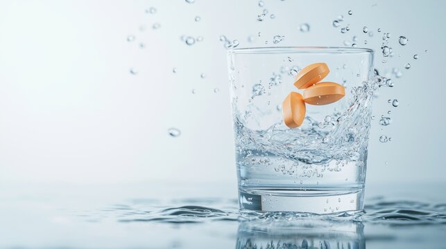 Vitamin Effervescent Tablet and Glass of Water Close up of an effervescent tablet fizzing in water, white background, highlights the rapid dissolving action