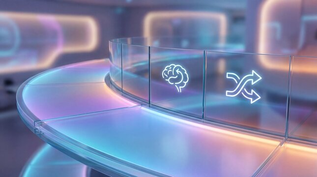 A futuristic brain and microchip are displayed on a sleek, curved glass and metal table in a neon-lit laboratory setting.