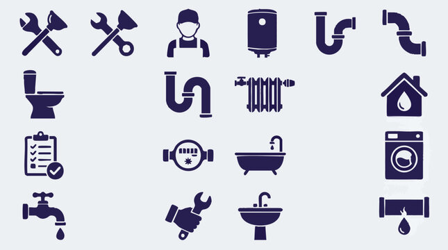 Set of plumbing icons with plumber, tools, pipes, and home appliances