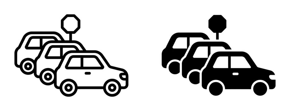 Traffic jam icon set with cars and stop sign, outline and solid style, white background, vector Illustration