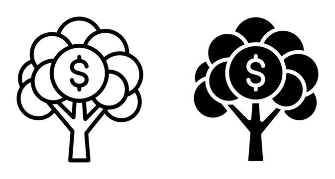 Money tree icon set with dollar sign, outline and solid glyph style, white background, vector Illustration