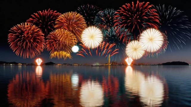 Celestial Symphony: Explosions of vibrant fireworks paint the night sky above a tranquil body of water, their reflections dancing on the surface, creating a captivating spectacle of light and color.
