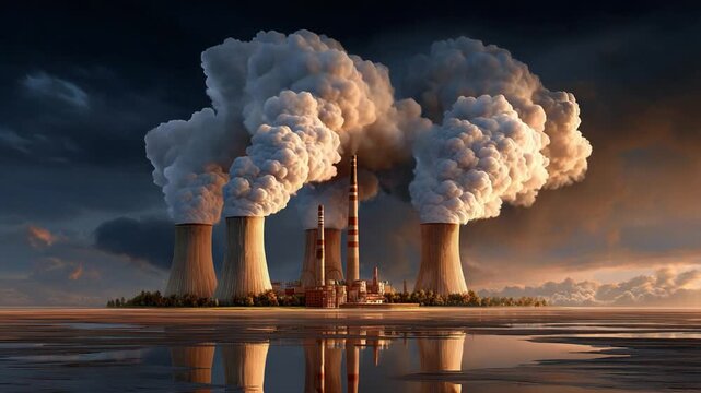 Industrial Landscape: A stark image of a power plant releasing plumes of smoke into the atmosphere, reflecting on the still water below, symbolizing the environmental impact of industry.