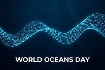 Fototapeta premium Abstract cyan light dotted wave for conceptual design of world oceans day event.