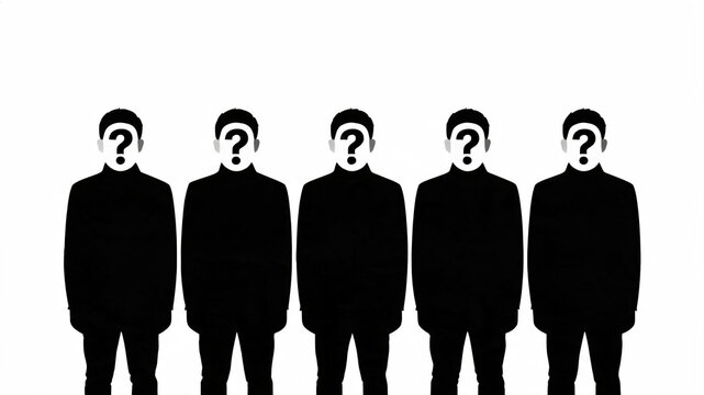 Five silhouetted figures in suits with question marks for faces question mark black and white background silhouette faceless anonymous business