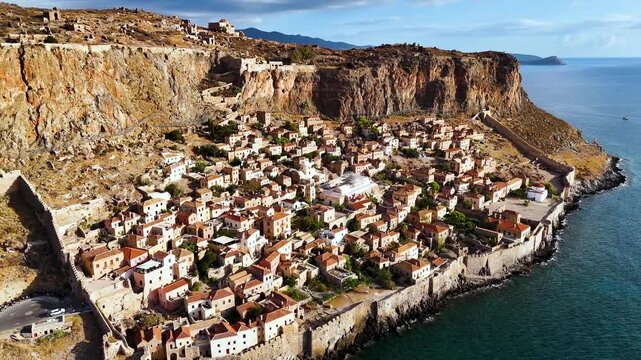 Aerial view of Monemvasia, a town in Laconia, Greece.