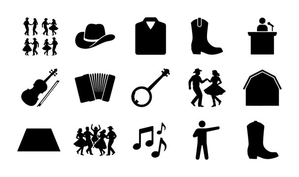 Country Music Icons, Western Dance, Barn, Cowboy Boots, Fiddle, Accordion, Banjo, 15 Vector Elements
