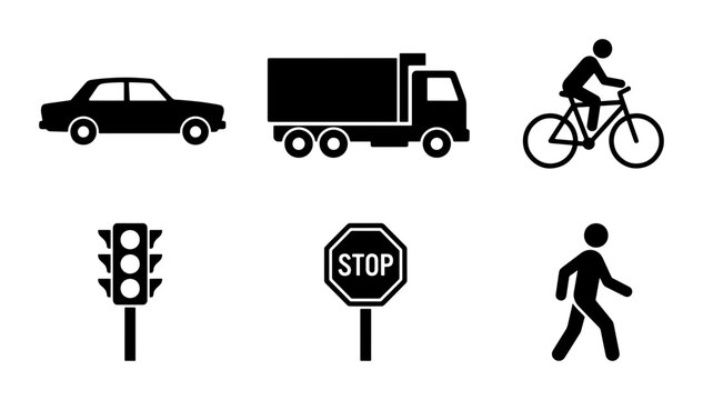 Transportation Icons: Car, Truck, Bicycle, Pedestrian, Traffic Light, Stop Sign