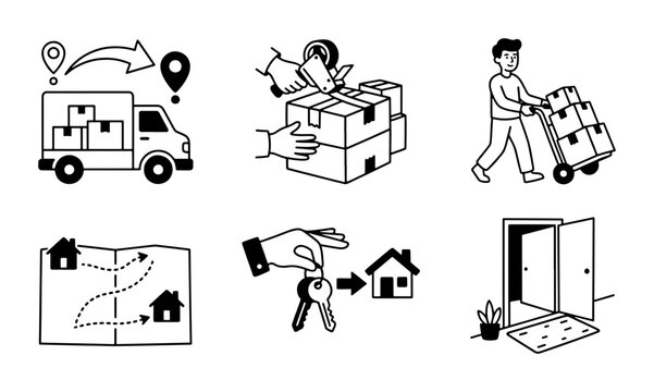 Moving House Icons, Delivery Truck, Boxes, Keys, Map, Doorway, Logistics Vector Set