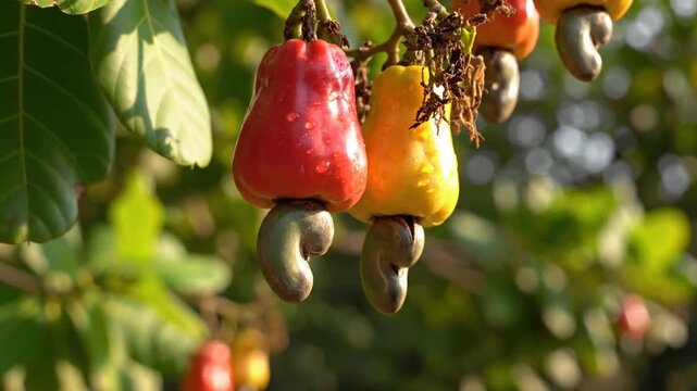 Cajueiro tree with cashew fruits hanging.