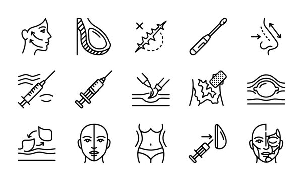 Cosmetic Surgery Icons, Plastic Surgery Vector Set, Medical Aesthetics Line Art Collection