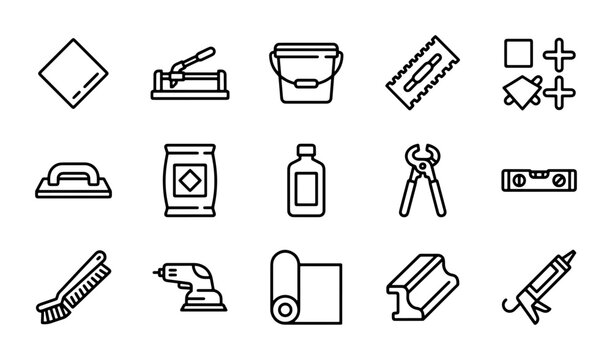 Tiling Tools Vector Icons Set: Ceramic Installation Equipment, Construction Supplies, DIY Home Renovation