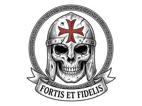 Vintage-style skull wearing a medieval great helm with a cross, set in an ornate frame, featuring the motto 'Fortis et Fidelis' representing strength and loyalty