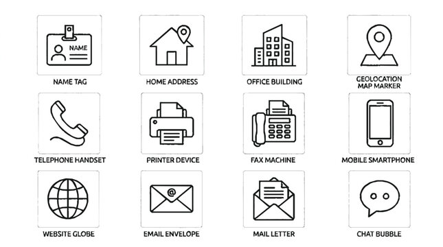 Vector icon set featuring user profile contact information symbols including name tag address office geolocation phone printer fax mobile