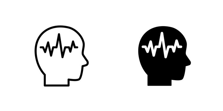 EEG, electroencephalography icons with a head, line and solid design