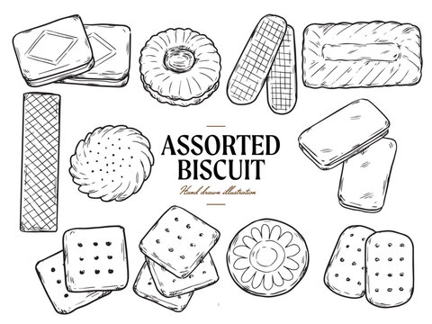 Set of vintage hand drawn assorted biscuit cookie drawing illustration