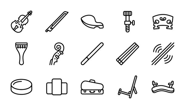 Violin Accessories Icons, Musical Instrument Parts Vector Set, Classical Music Elements
