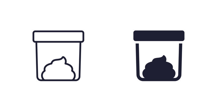 Stool sample icon, poop in cup line and solid