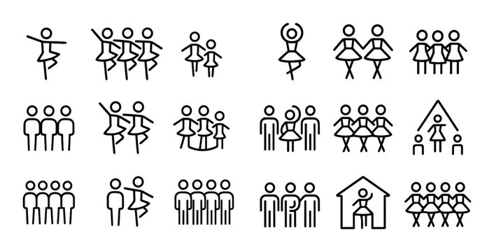 Group and dance stick figures showing formations on white background