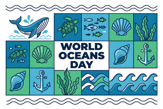 World oceans day vector illustration featuring whale, turtle, fish, shell, anchor, algae, and waves.