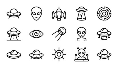 Alien and UFO Icons Set, Sci-Fi Space Symbols, Extraterrestrial Vector Graphics © Shihab