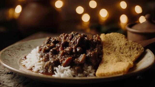 Traditional Brazilian Feijoada with Rice and Farofa on Rustic Plate