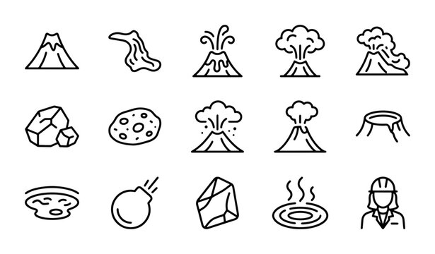 Volcano Icons Set, Geological Hazards, Earth Science Vector Graphics, Natural Disasters