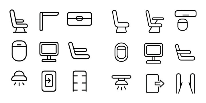Airplane seat and cabin control icons arranged on grid