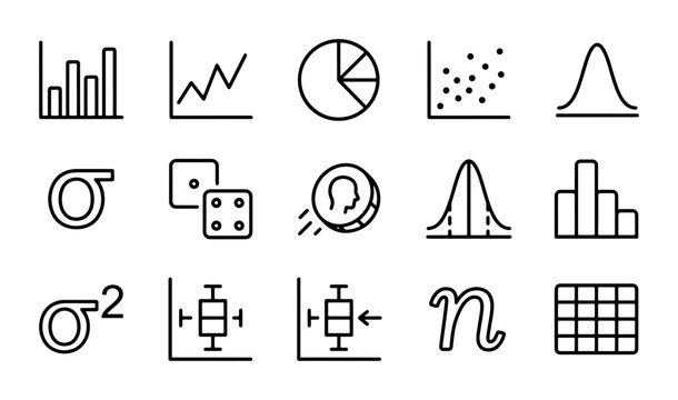 Statistical Icons Set, Data Analysis Graphics, Probability Symbols, Research Charts, Vector Elements