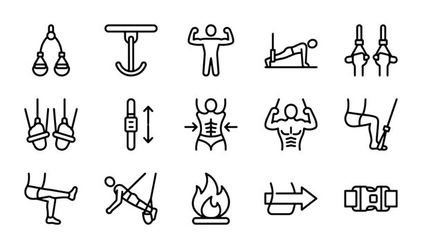 Suspension training icons set, 15 fitness workout vector elements, bodyweight exercise line art