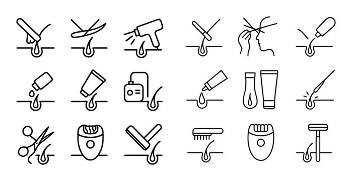 Hair removal and waxing tools icons in simple grid