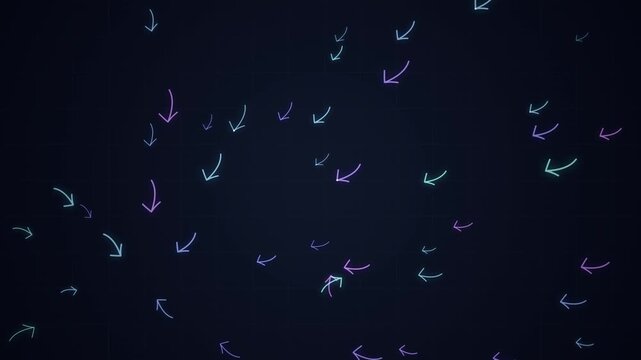 Colorful Neon Arrows Floating on Dark Digital Grid Background