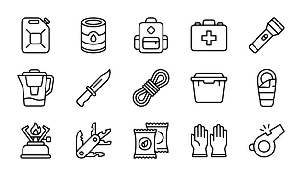 Survival gear line icons, 15 emergency kit vector elements, camping and outdoor safety equipment