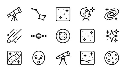 Astronomy line icon set, 15 space exploration vector elements, telescope and galaxy symbols © Monir