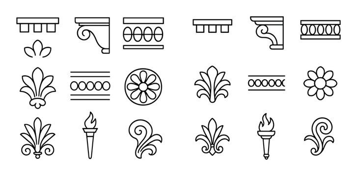 Classical floral and rosette ornament icons on white grid