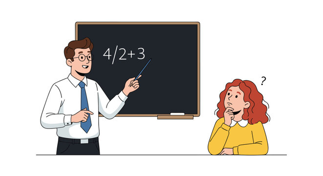 Male teacher explains a math problem on a blackboard to a young girl who looks confused during an elementary school classroom lesson.