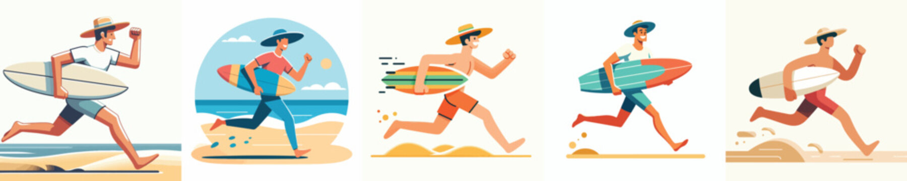 vector of a man running with a surfboard in summer