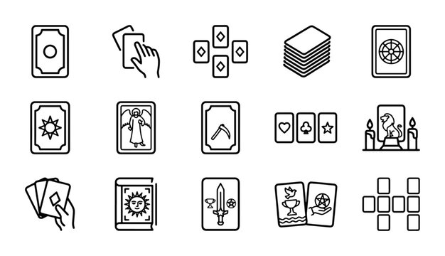 Tarot card line icons, 15 mystical fortune telling symbols, occult divination vector set