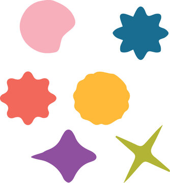 Illustrazione vettoriale di elementi astratti con macchie, bubble, stelle e forme decorative in stili moderni e creativi. Ideale per sfondi, poster, social media, packaging e design grafico.