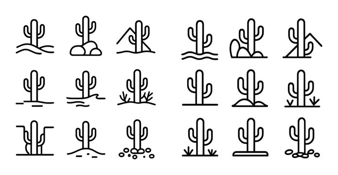 Desert cactus icons depicted in varied silhouettes within grid scene