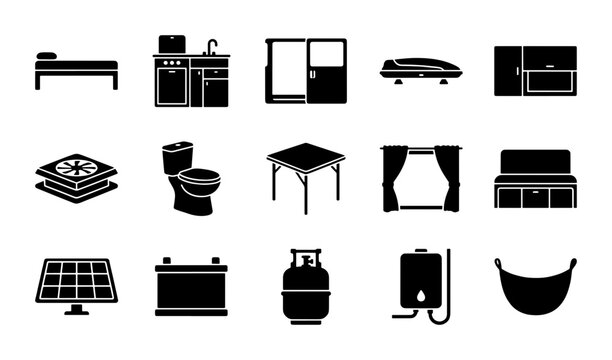 15 Essential Camper Van Conversion Icons, Black Silhouette Set for RV Interior Design and Travel Planning