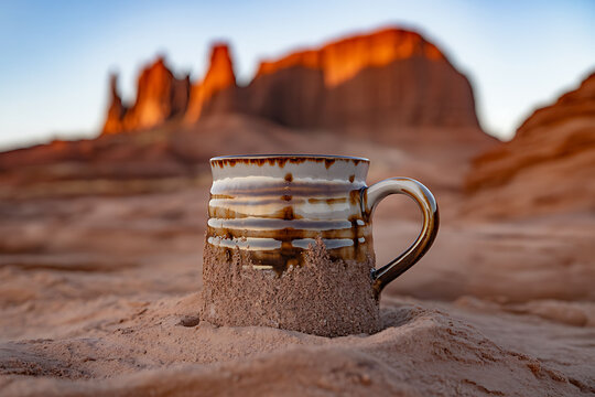 Brown ceramic mug stuck in sand with rocky desert landscape background