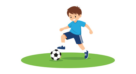 Obraz premium Active young boy in a blue t-shirt and shorts playing soccer and kicking a football on a green circular patch of lawn.