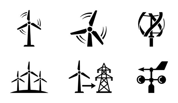 Wind Turbine Icons, Renewable Energy Symbols, Clean Power Generation Vector Set