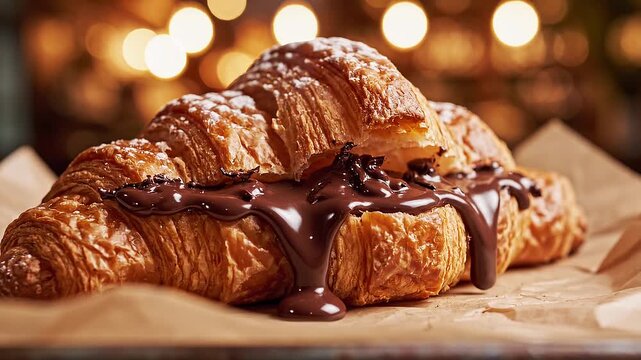 Delicious chocolate croissant on parchment paper with warm bokeh background