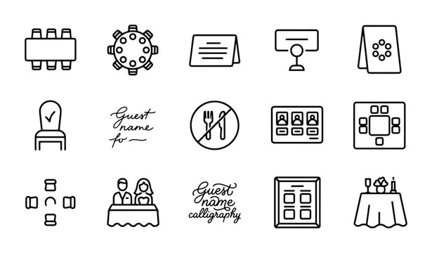 Event Seating Icons, Table Arrangement Graphics, Guest Name Placeholders, Vector Set