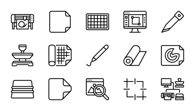 Printing Icons Set, Graphic Design Tools, Digital Production Workflow, Vector Graphics Collection