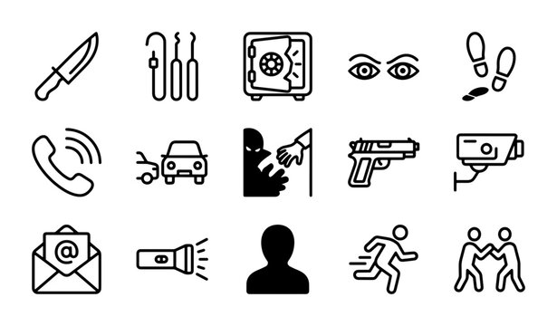 Crime and Investigation Icons: Security, Evidence, and Justice Vector Set